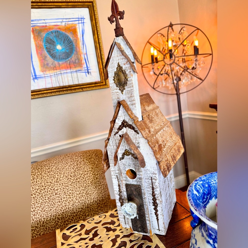 SHABBY CHIC Oversized Rustic Farmhouse Whitewashed Wooden Birdhouse Church